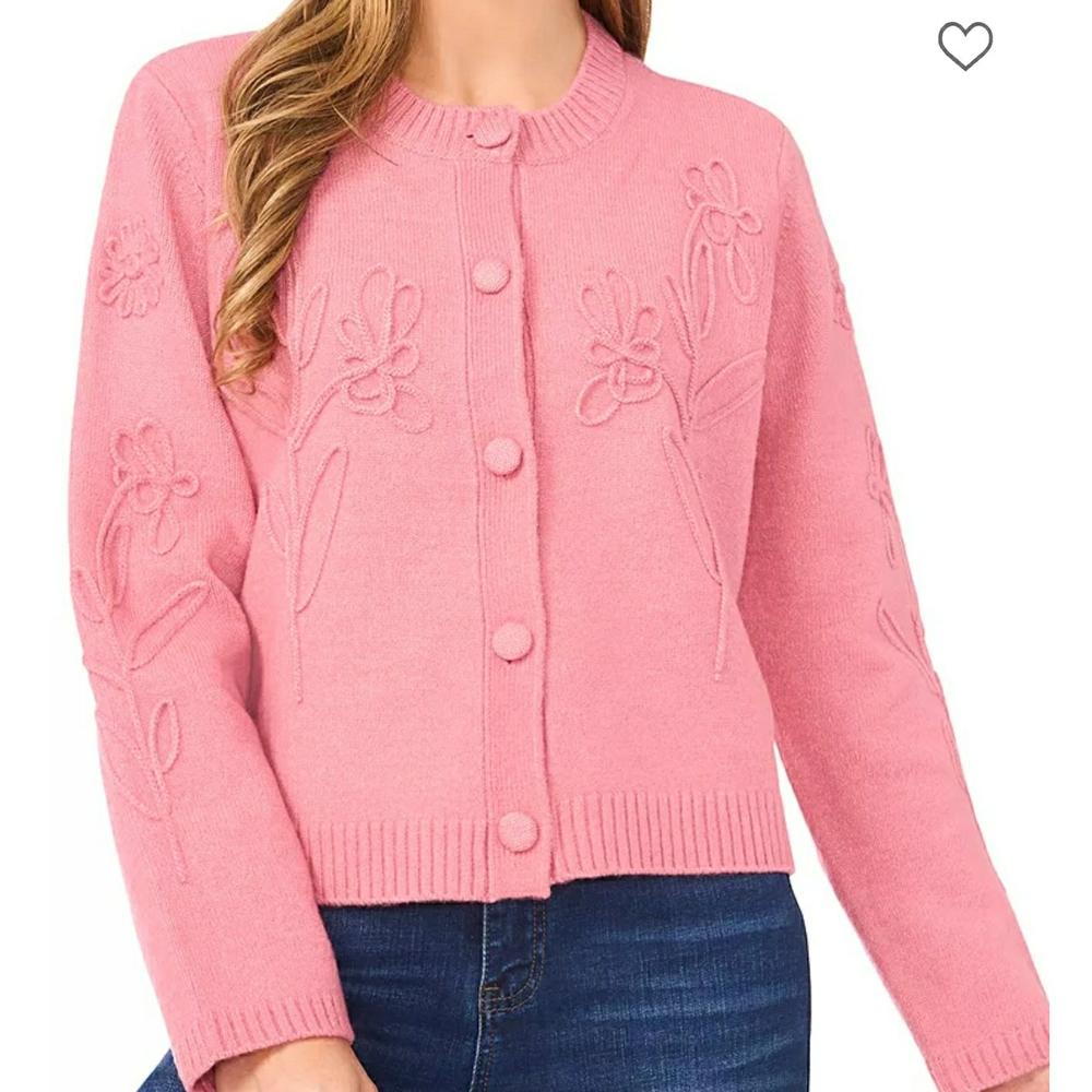CeCe Pink Floral Embroidered Button-Front Cardigan